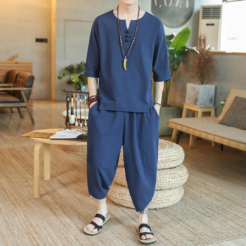 2021 Trend Chinese Style Men's Cotton and Linen Short-sleeved Suits T-shirt Cropped Trousers Two-piece