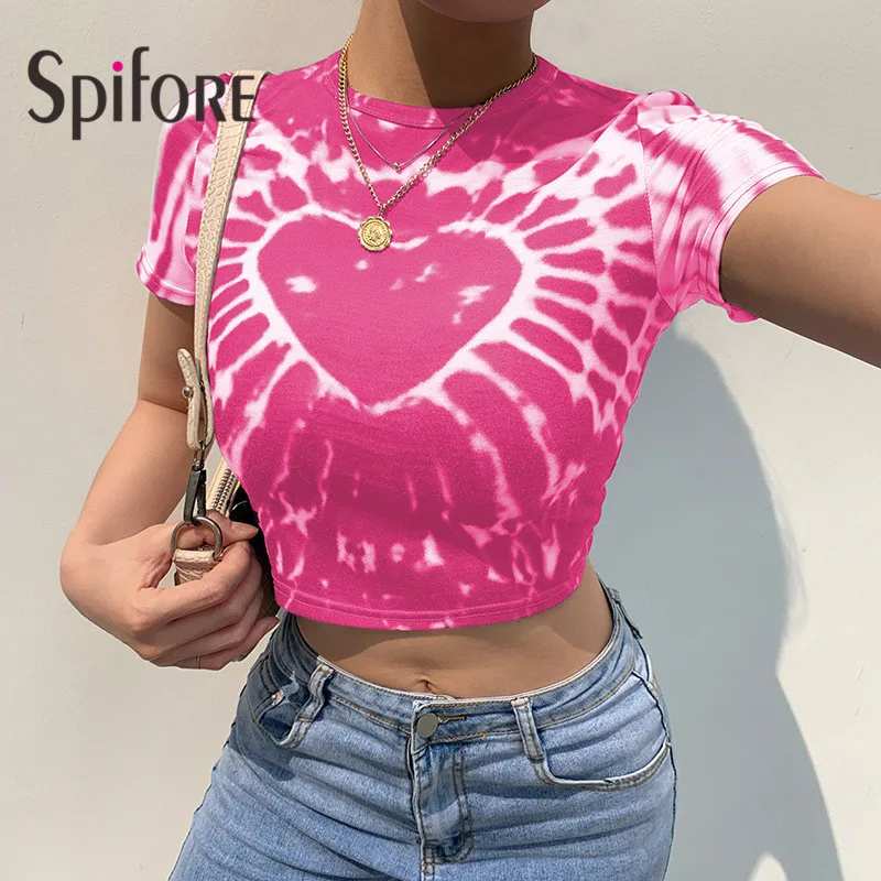 

Spifore Tie Dye T-Shirt Women Y2K Chic O Neck Bodycon Tops Summer Love Print Ladies Clothes Streetwear