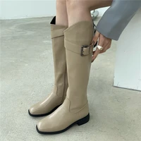 new brand women buckle knight boots ladies high quality soft leather long boot round toe slip on knee high boot female shos