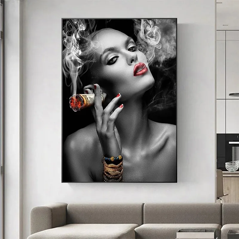 

Modern Black White Sexy Smoking Woman Canvas Painting Posters and Print Wall Art Picture for Living Room Home Cuadros Decoration