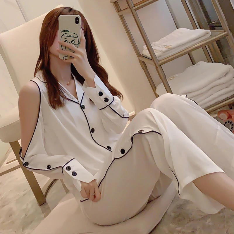 

2021 Fashion White Shirts Pants Homewear Elegant Turn-down Collar Long Sleeve Sleepwear Spring Summer Pajamas Women