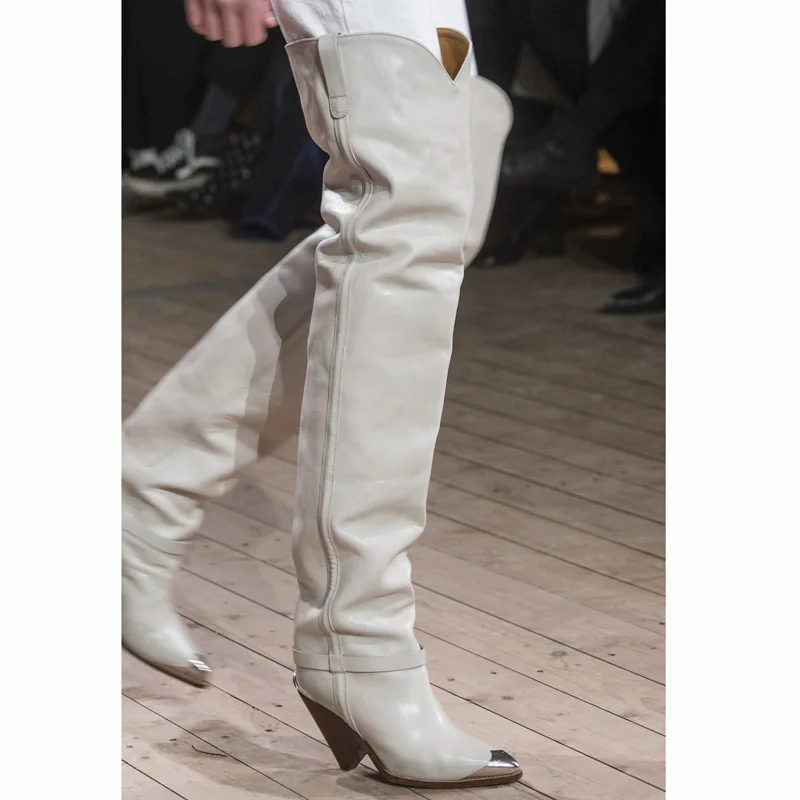

Women High-heeled Spike Heels Pointed-toe Women's Shoes Personality Iron Head White Genuine Leather Over-the-knee Boots