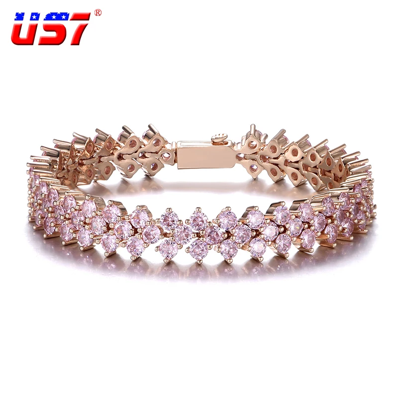 

US7 10MM Bling Iced Out Plum Blossom Tennis Chain Rose Gold Copper Setting CZ Stones Bracelet For Men Women Hip Hop Jewelry