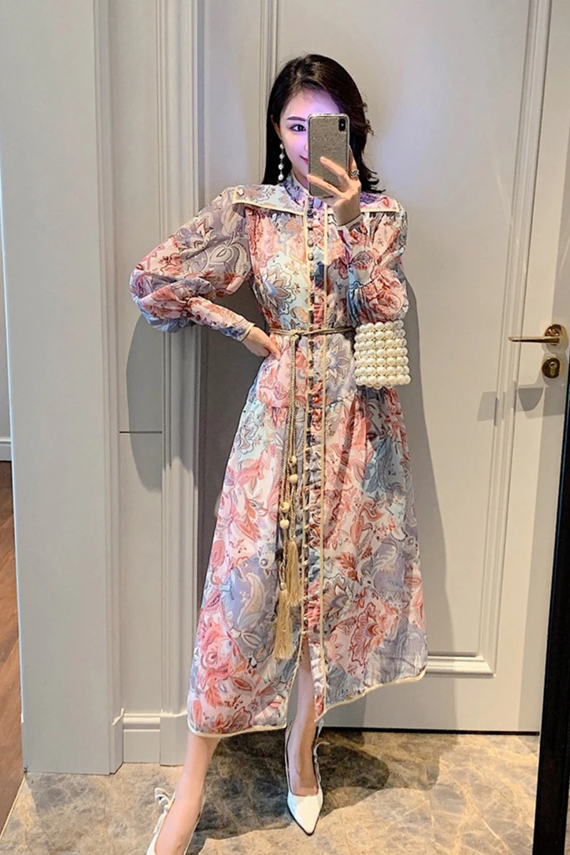 

Autumn New Swing Vintage Print Colorful Flora Silk Long Sleeve Stand Collar Tassel Long Dress Female Kawaii