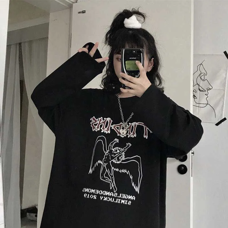 NiceMix весна корейский осень ulzzang Харадзюку улица хип-хоп Темный Ретро Ангел печать футболка ins модная свободная повседневная женская