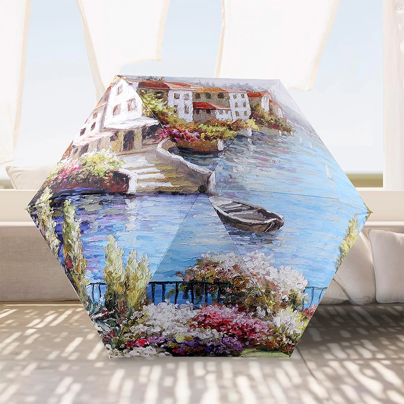 

New Folding Umbrella Female Paraguas Oil Painting Umbrella Rain Women Windproof Anti-UV Parasol Foldable Car Sun Umbrella