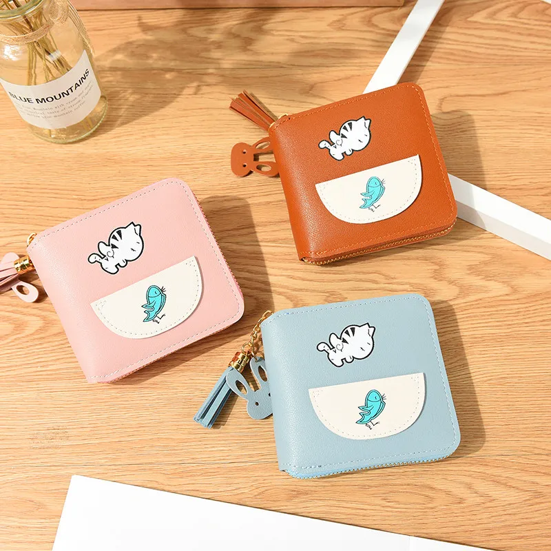 Милые маленькие кошельки с кисточками и котом рыбой для женщин 2019 мини кошелек на