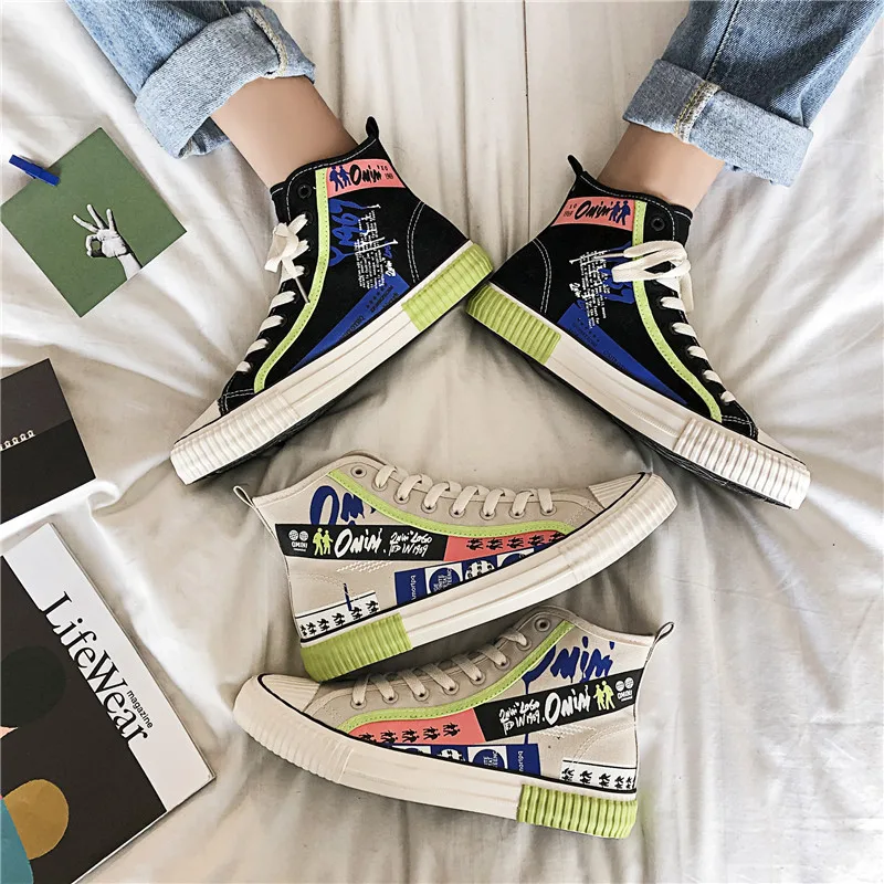 Брендовые высокие холщовые кроссовки в Корейском стиле с принтом букв мужские