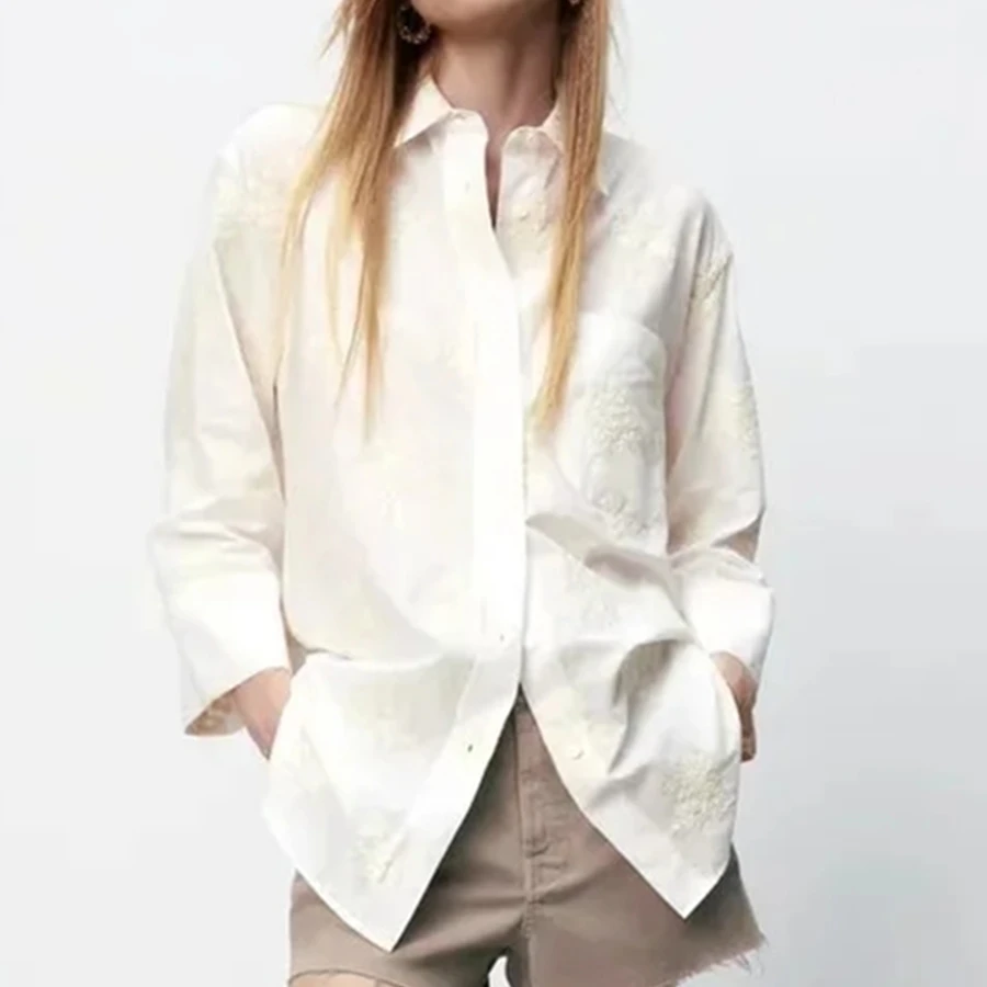 

Женская Осенняя блузка из хлопка, с вышивкой и карманами