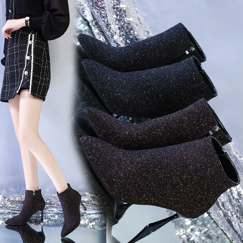 Women Boots Corduroy Butterfly-knot Boots Sexy High Heels Party Shoes Winter plus velvet Keep Warm Female Boots zapatos de mujer