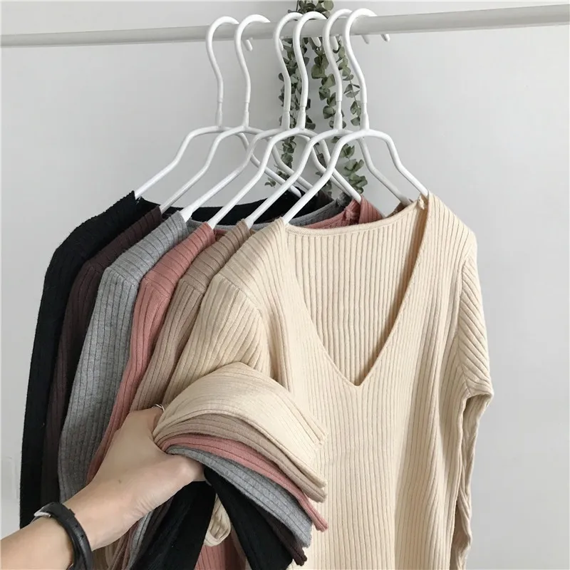 Женская мода Slim Fit повседневные свитера с v-образным вырезом однотонные весенние