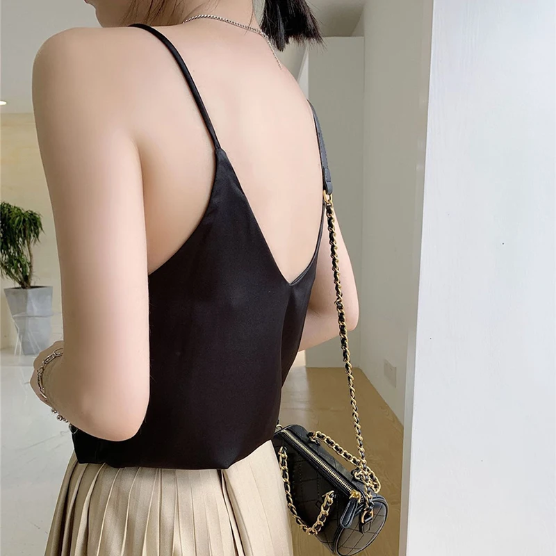 

Summer Spaghetti Strap Top Women Halter V Neck Basic Cami Sleeveless Satin Tank Tops Women's Camisole Vest vetement femme 2021