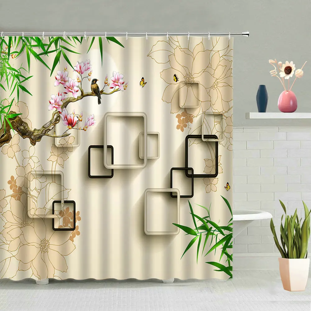 

Geometry Circular Floral Shower Curtain Flower Bird Plant Leaf Scenery Modern Bathroom Waterproof Hanging Curtains Screen Decor