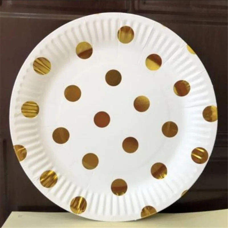 Бумажные стаканчики и тарелки с золотыми серебряными полосками в горошек 10