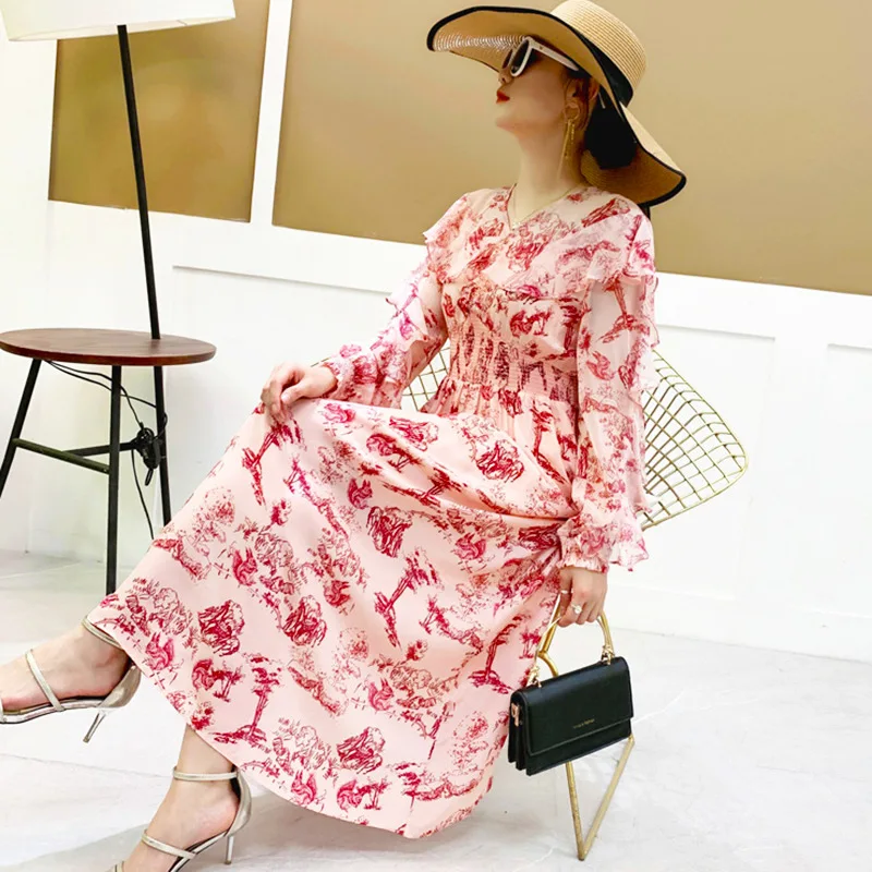 

Silk long skirt women's 2021 spring new Beaded fashion V-neck lotus leaf long cuff bag silk dress