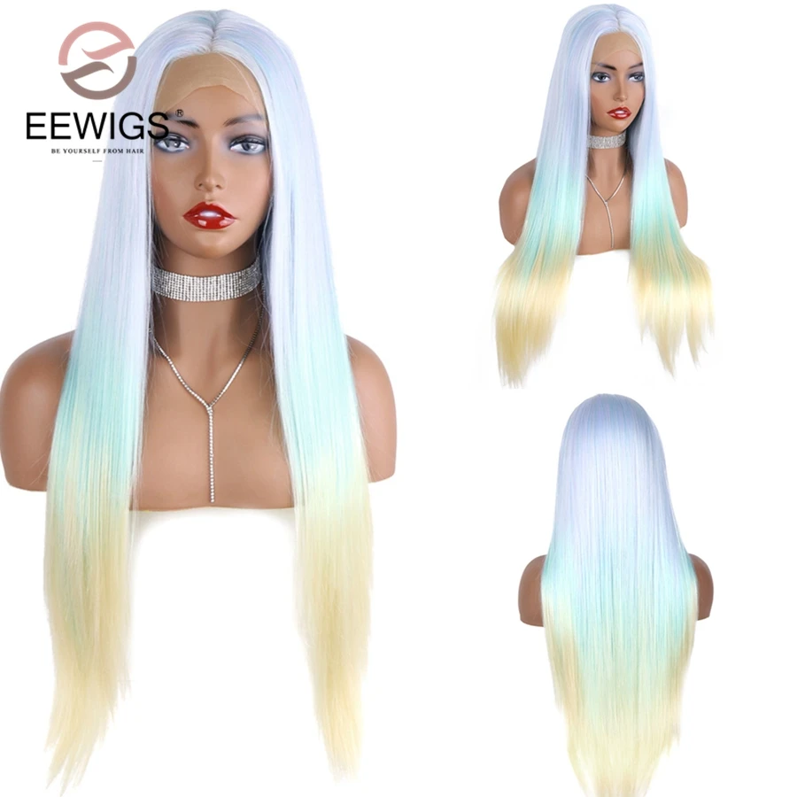 EEWIGS желтый Ombre Розовый Синтетический кружевной передний парик бесклеевой синий
