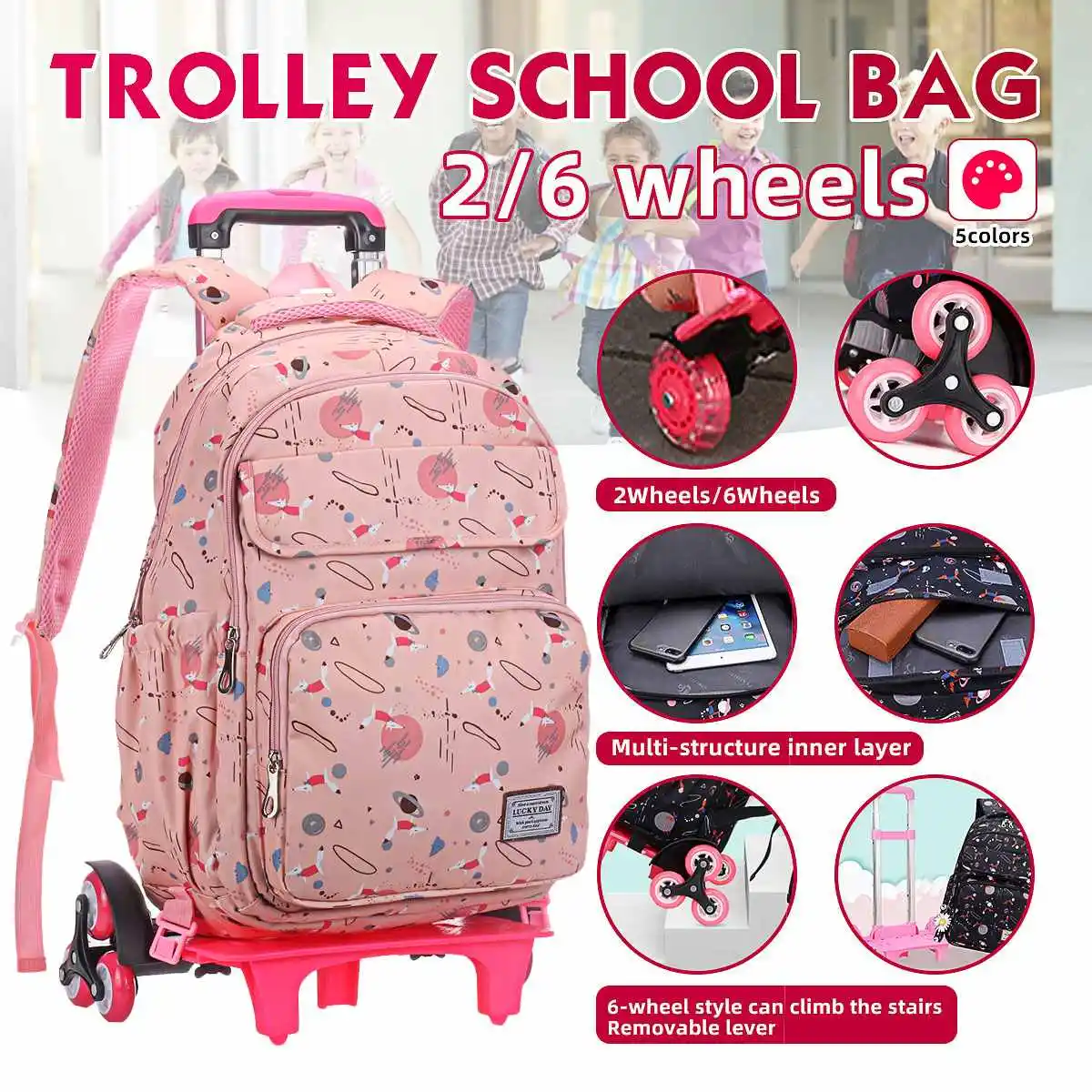 

Школьный рюкзак на колесиках для девочек-подростков, водонепроницаемые детские сумки на колесиках 2/6