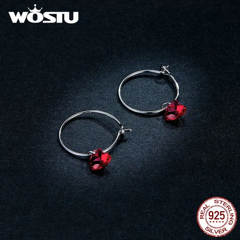 WOSTU,, настоящее 925 пробы, серебряные, красные серьги, модные, геометрические, для ушей, круг, красное стекло, сердце, серьги для женщин, FNE317