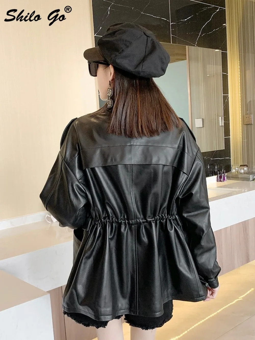 

High Street Stand Collar Drop Shoulder Buttons Front Jacket Women Casual Drawstring Waist Genuine Leather Coat Sheepskin Outwear