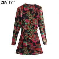 zevity new women vintage asymmetric collar floral print pleats design slim mini dress female chic brand party vestido ds8932