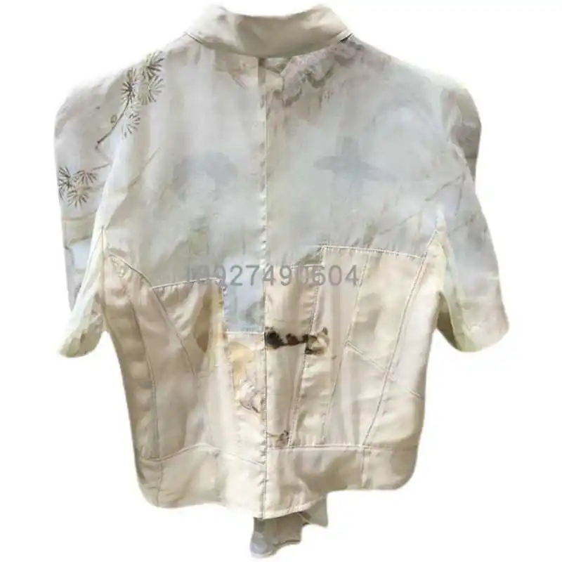 

DEAT 2021 New Women Fashion Loose Turn-down Collar Short Sleeve Patchwork Printing Asymmetrical Shirt Summer And Autumn 7E1466