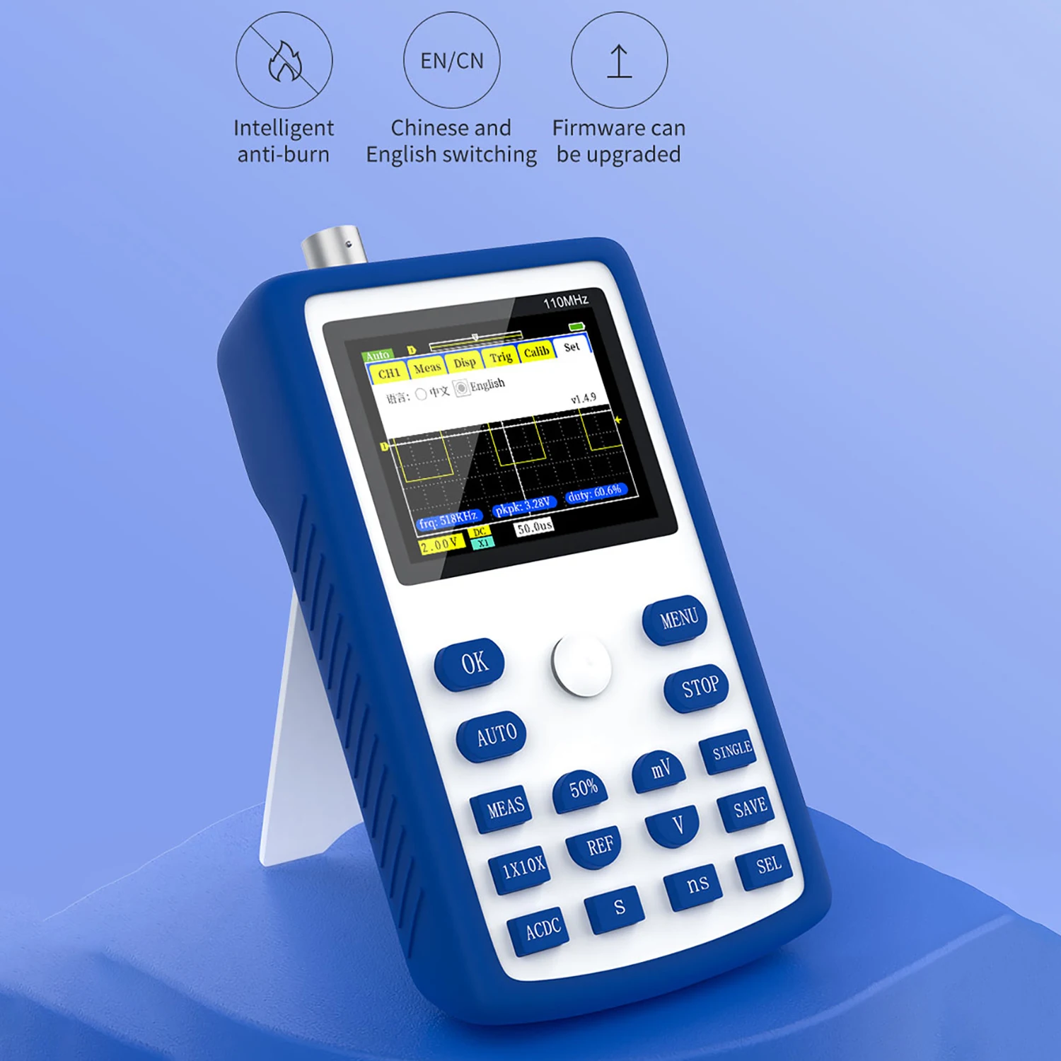 

2.4 Inch Digital Oscilloscope 500MS/S Sampling Rate 110MHz Bandwidth 1KHz/3.3V Calibration Square Wave Measuring Oscilloscopes