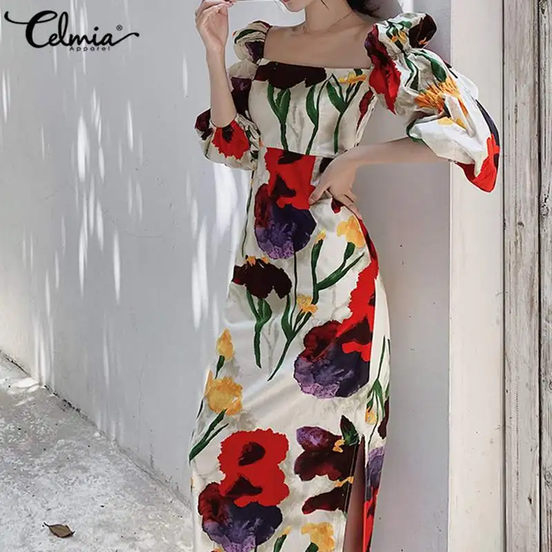 

Celmia Vintage Romance Flower Print Dress Women Elegant Puff Sleeve Party Midi Dress Sexy Square Collar Fashion Waisted Vestidos