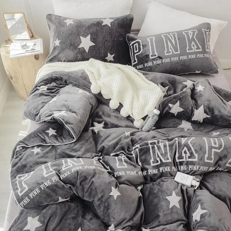 

42Home Textiles warm Winter Treasure Hair PINK Star Navy Blue Gray Bedding Set Duvet Cover Bed Sheet Pillowcases 4pcs