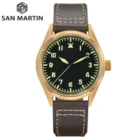 san martin bronze pilot military watch mechanical simple style mens watches luminous 200m waterproof leather strap