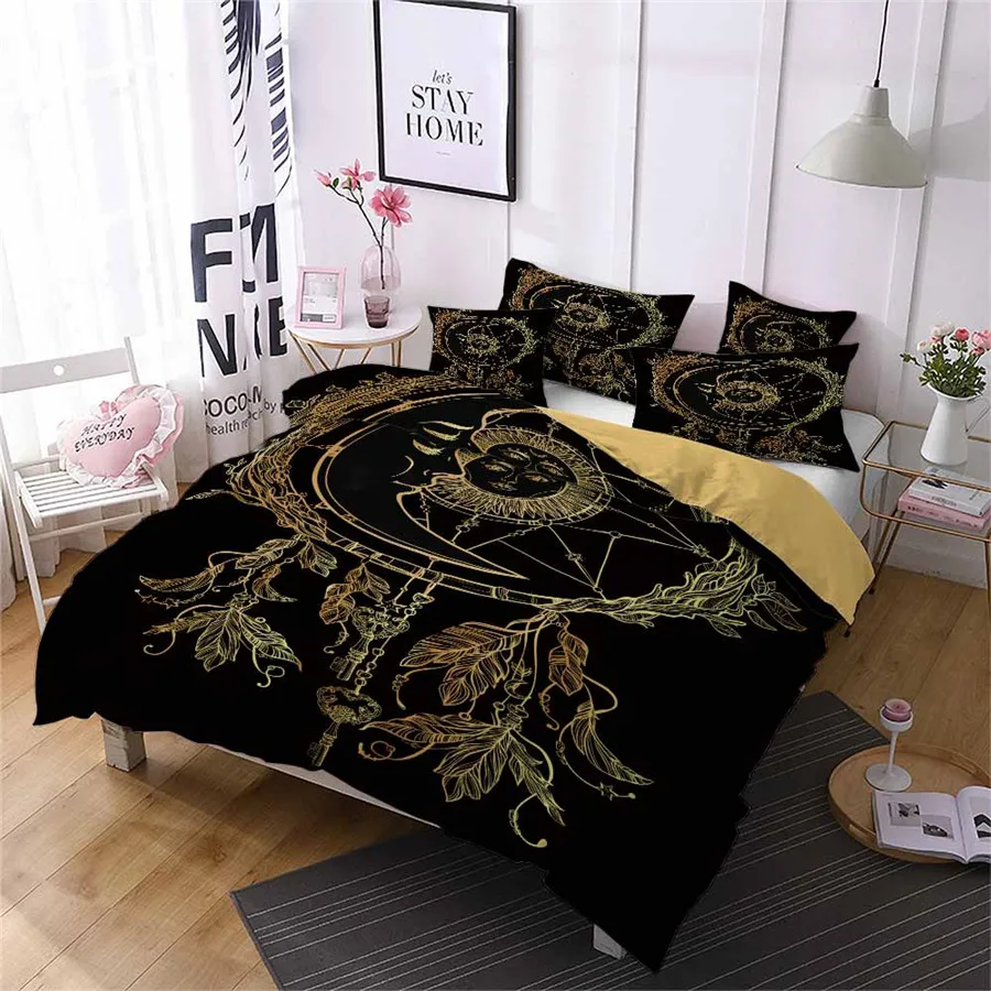 HELENGILI 3D Bedding Set Golden Sun Moon Print Duvet cover set lifelike bedclothes with pillowcase bed home Textiles #TJ-1 | Дом и сад
