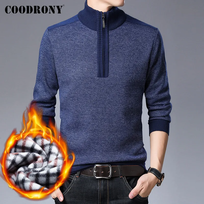 

COODRONY Men Clothes Winter New Arrival Casual Thick Warm Soft Knitted Cotton Liner Zipper Turtleneck Sweater Pullover Men C2004
