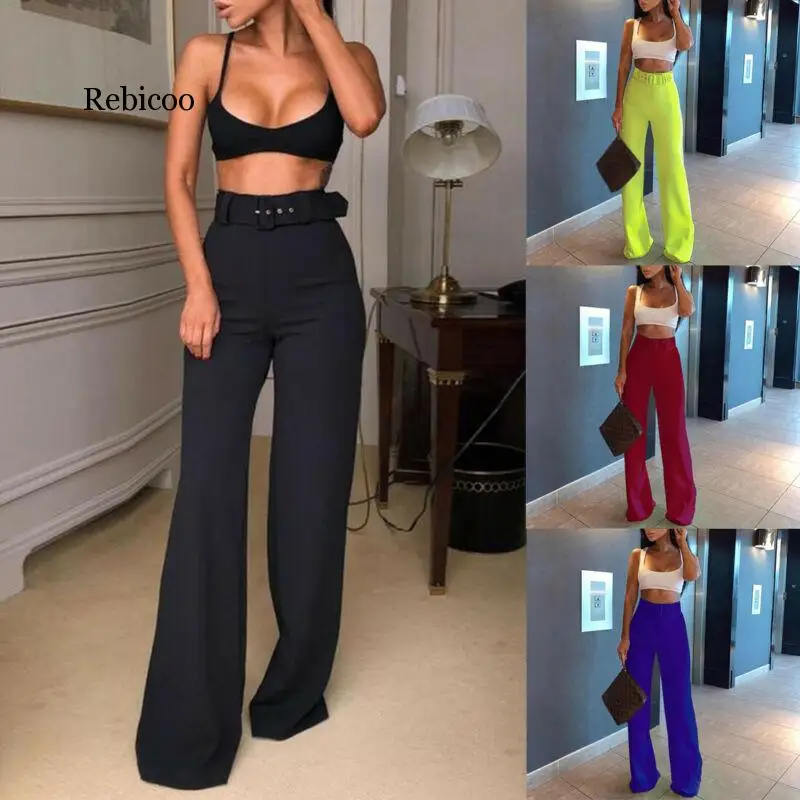 

long Womens Ladies Flared Belted High Waist Plain Wide Leg Pants Solid Color Palazzo Trousers Women Plus Size Loose Pants