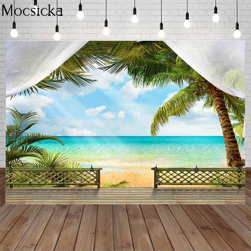 

Mocsicka Летний Пляжный фон для фотосъемки с изображением пальмы морской деревянный пейзаж для балкона фон праздник баннер обои для фотостудии