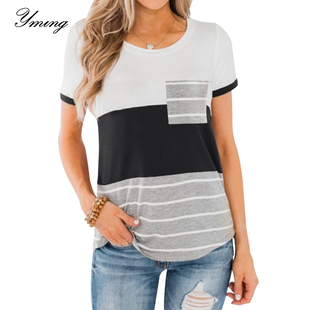 

YMING Women's Striped Stitching Shirt Summer Pocket Short-sleeved Top Round Neck Female's Casual Shirts