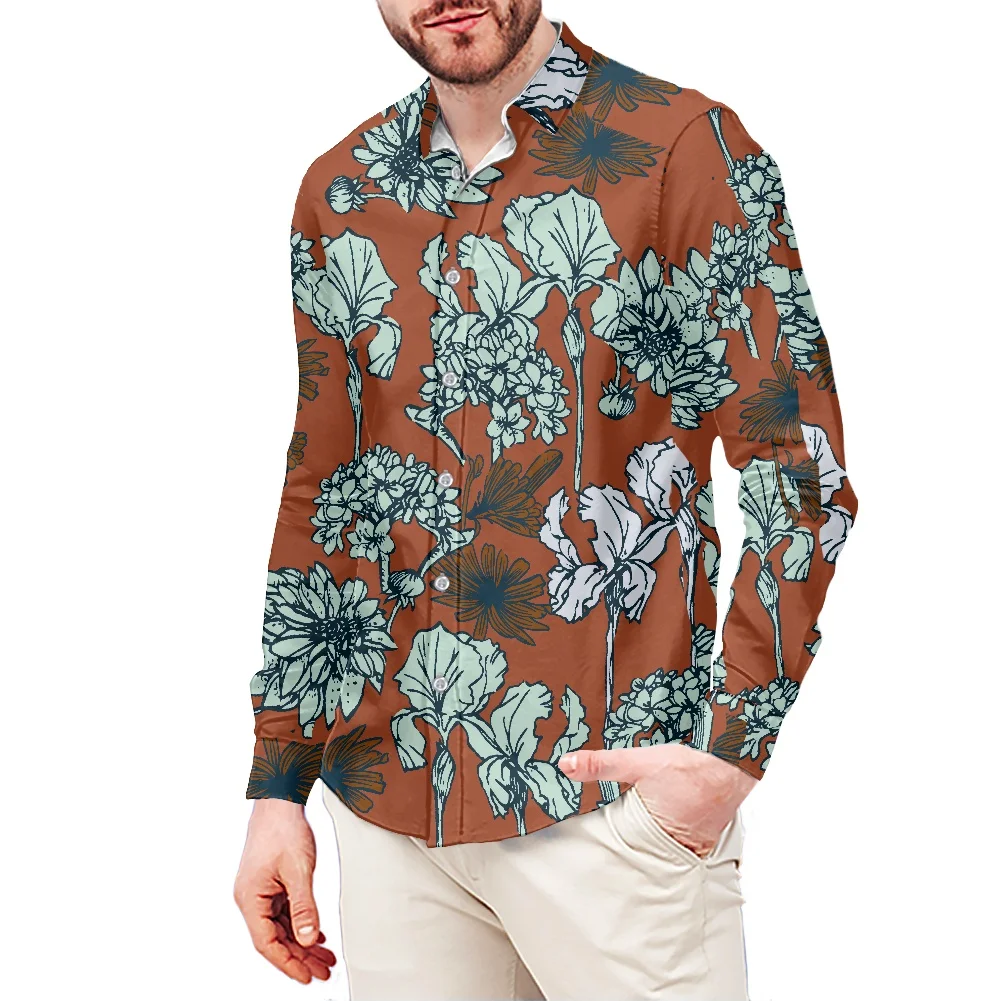 Мужская Осенняя рубашка с длинным рукавом и цветочным принтом | одежда