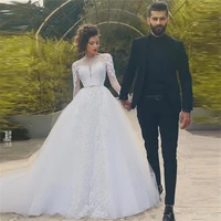 long sleeves wedding dresses with crystal sash saudi arabia sheer neck luxury appliques bridal dress boho beach robes de mari%c3%a9e