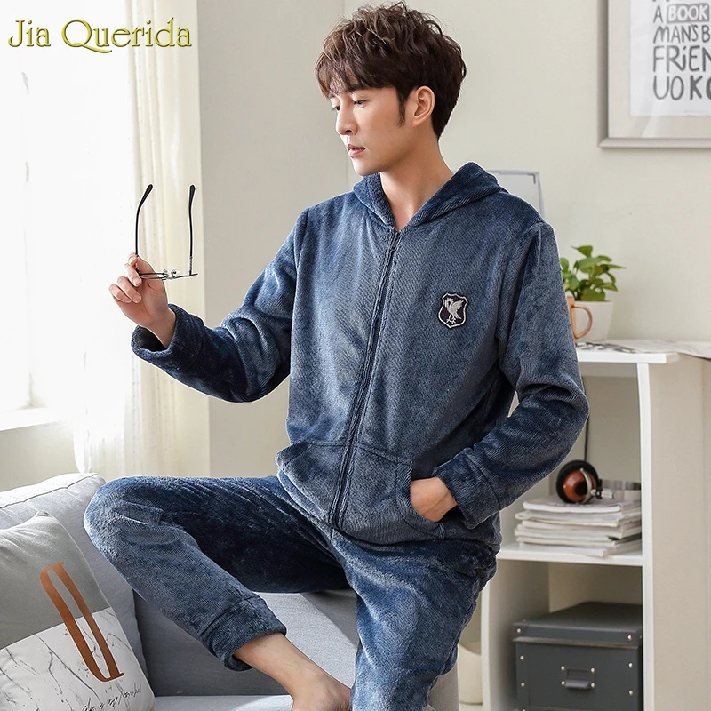 Мужская пижама на молнии с капюшоном синяя спортивная Пижама для мужчин зимняя