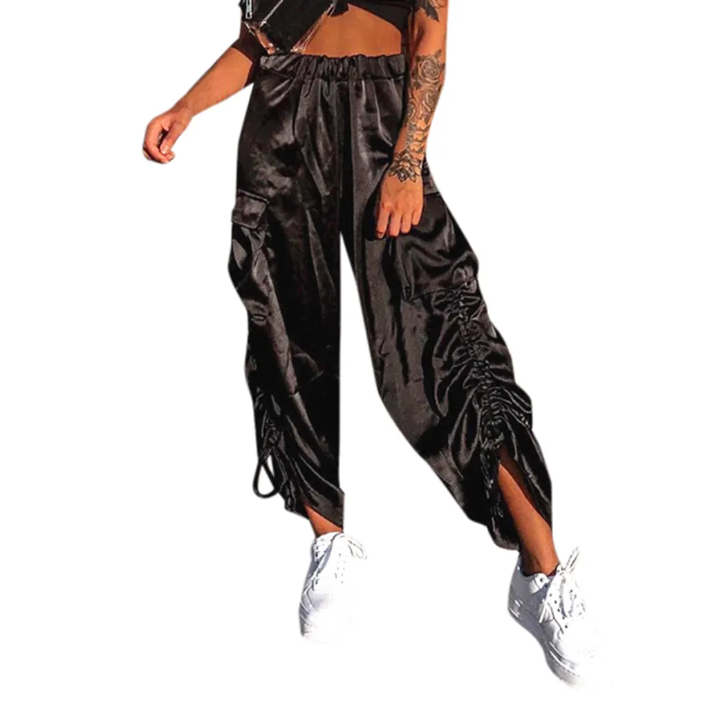 Women Pants Baggy Wide Leg Solid Gothic Punkt Casual Loose Elastic Trousers Pockets Full pantalones de mujer |