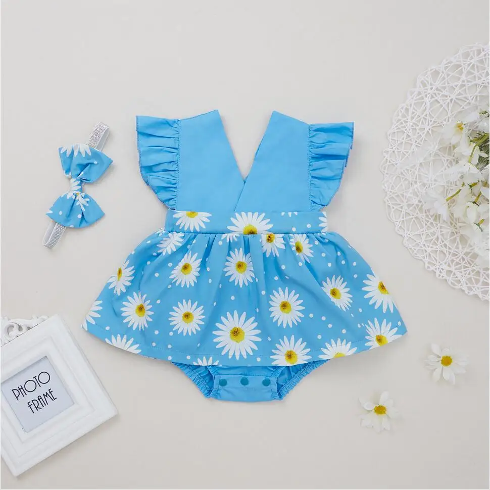 

2Pcs Toddlers Baby Girls Outfit Summer Creative Daisy Printing Splicing Skirt Fly Sleeve Romper + Bow Headwear Set Swimsuit