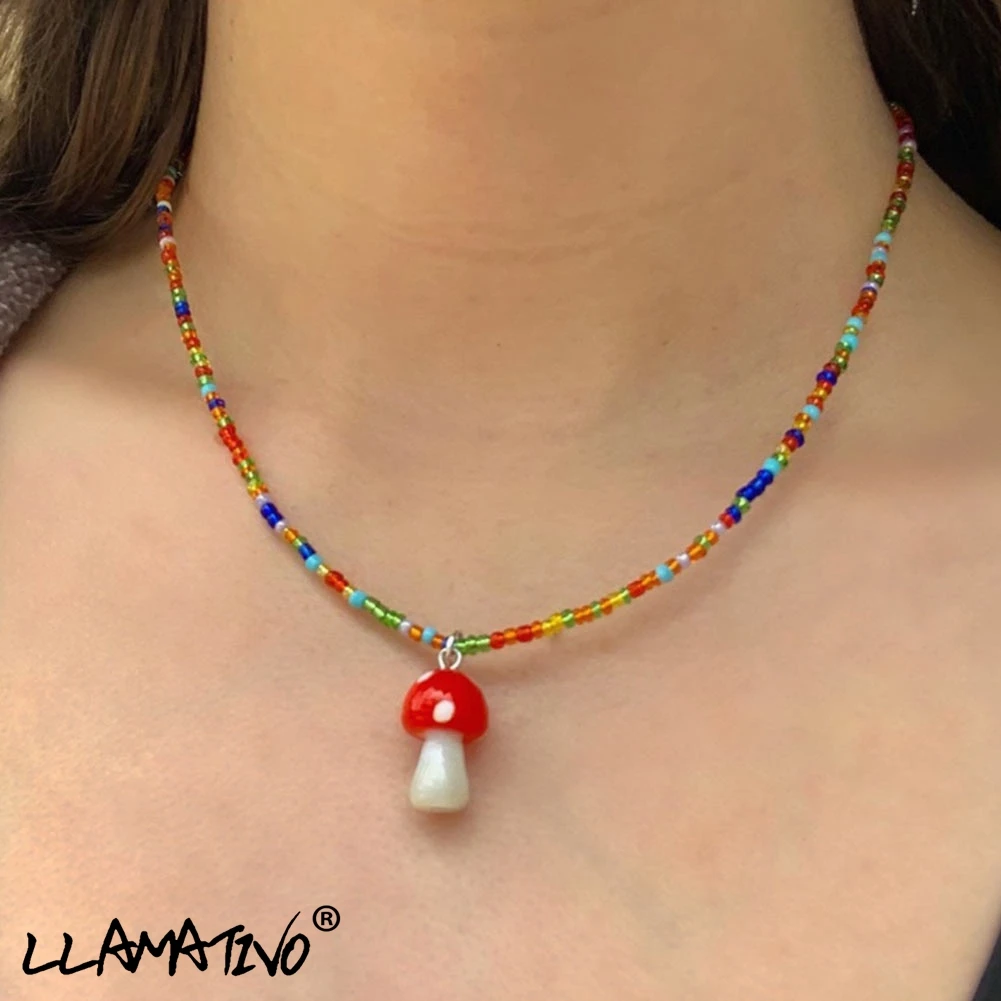 

Handmade Rainbow Seed Beads Cute Mushroom Pendant Necklace For Women Girls Bohemia Fashion Beaded Choker Necklaces Jewelry Gifts