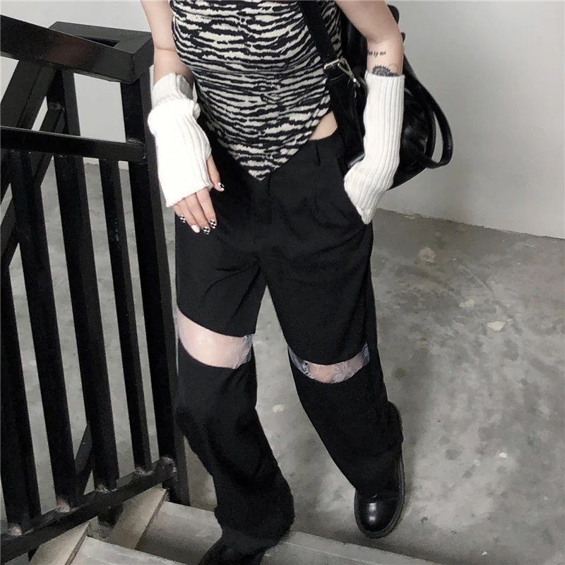 

New Ins Stylish Handsome Hole Hollow High Waist Black Trousers Straight Mopping Wide Leg Trousers Women