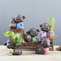 cute piggy statue tea figurine desktop flower pot ornament handmade tea set accessories crafts boutique purple clay tea pet