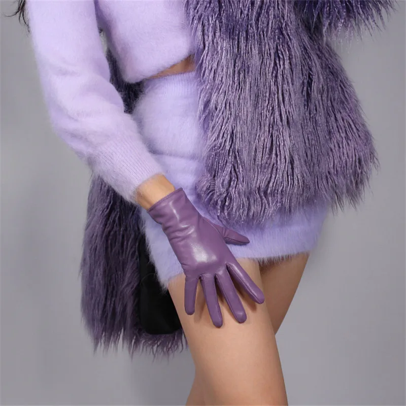 

Перчатки из натуральной кожи для сенсорного экрана, 25 см, Короткие стильные чистые импортные черные женские плюшевые подкладки из козьей ко...