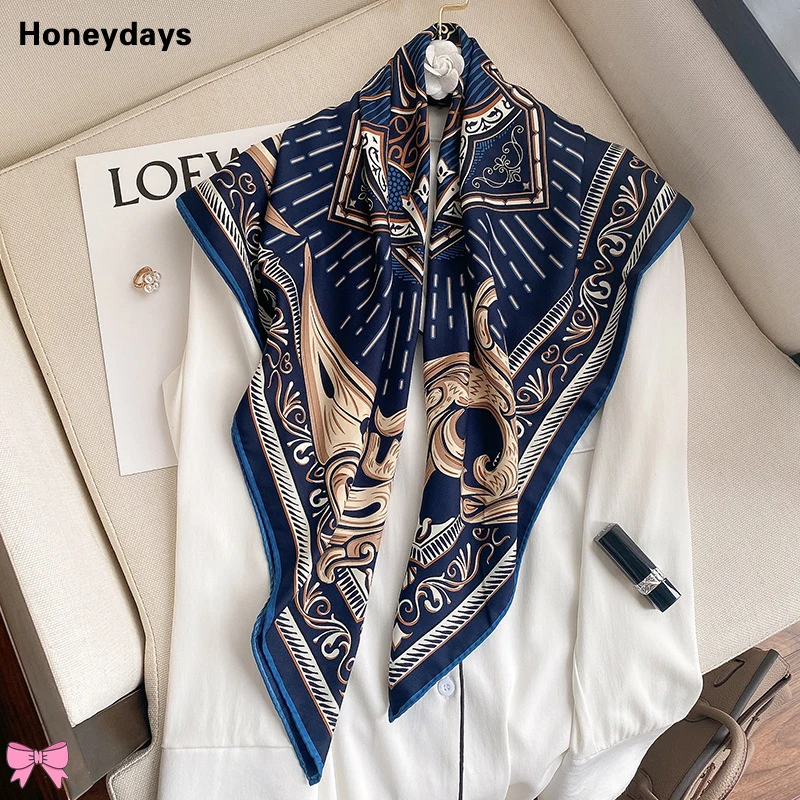 

New Print All-match 90cm Silk + Cotton Square Scarf Fashion Scarves Vacation Sun Shawl Muslim Hijab Women Scarfs Retro Bandana
