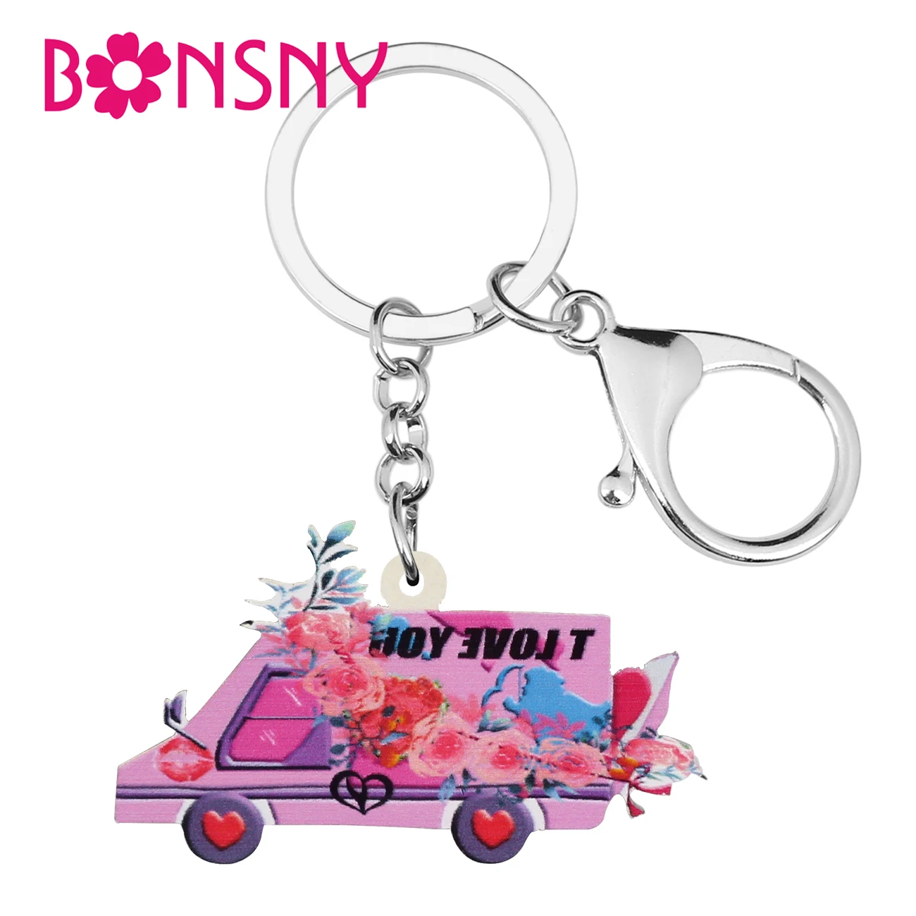 

BONSNY Valentine's Day Acrylic Sweet Pink Flowers Heart Car Keychains Ring Fashion Key Chain Jewelry For Women Girls Teens Gift