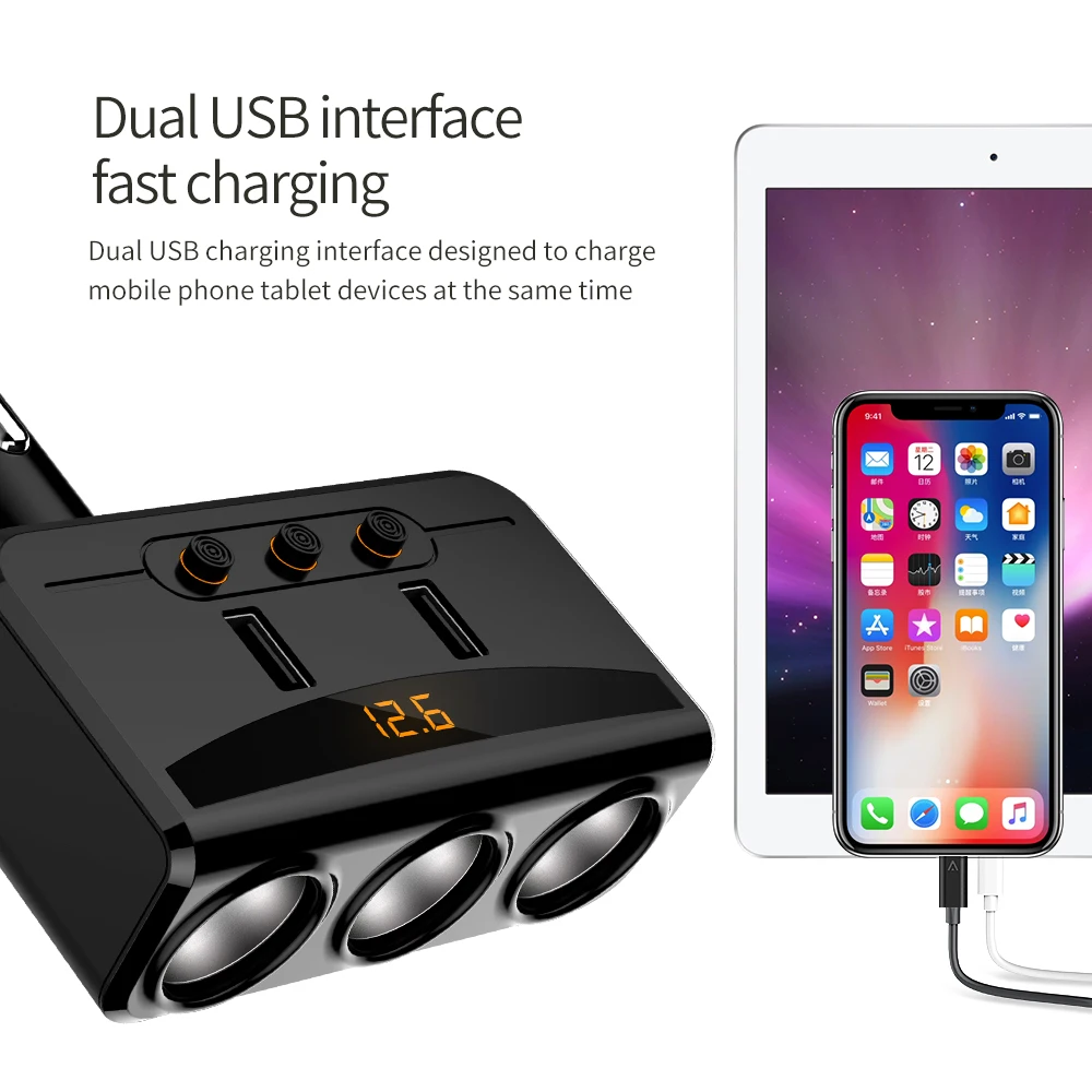 YIBEIKA tres en uno cargador de coche doble Пуэрто USBDual para iPhone iPad Samsung Xiaomi adaptador teléfono 2 USB | Мобильные