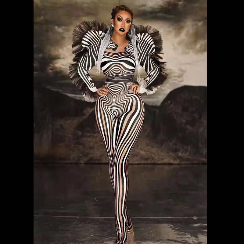 Дизайнерские сценические комбинезоны с узором зебры эластичные трико женские