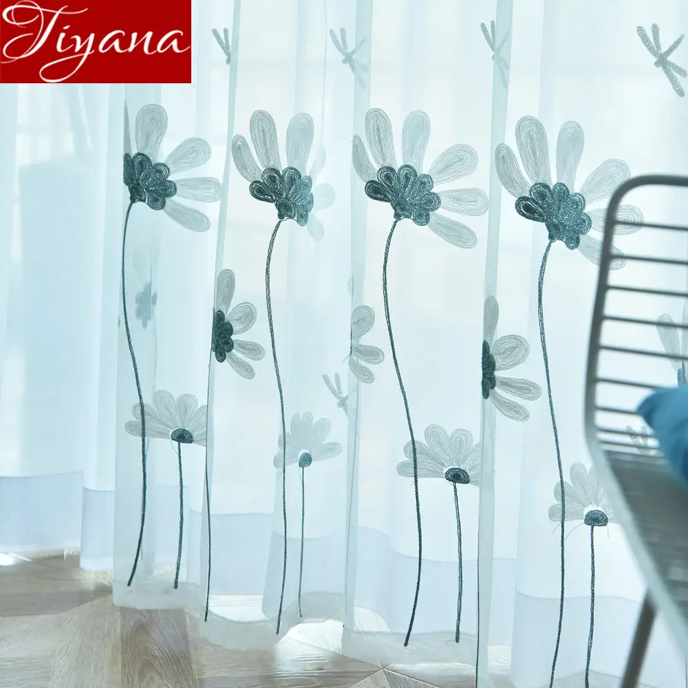 Пасторальная вышитая пряжа для гостиной Цветочная сетчатая занавеска со