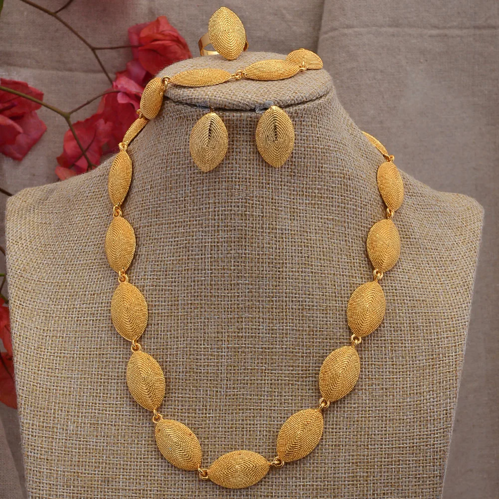 

Dubai Luxury 24k Gold Color Jewelry Sets For Women Indian Bride Ethiopia Necklace Earrings African Indian Wedding Set Woman Gift