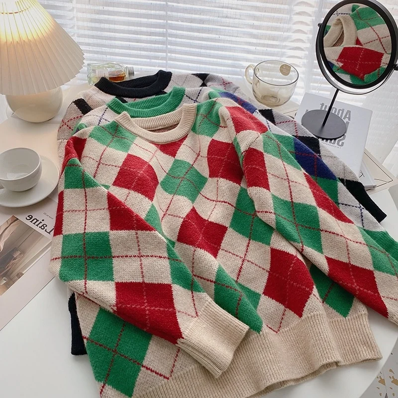 

Зимний шерстяной толстый свитер оверсайз с узором ромбиками, зеленый пуловер в Корейском стиле, женский свободный элегантный вязаный Топ с ...